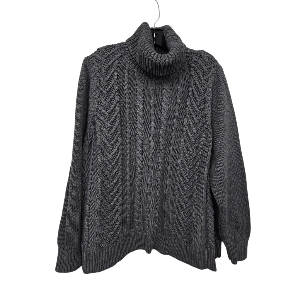 Lands End Cotton Cable Knit Drifter Turtleneck Sweater Womens 2X Gray Fisherman